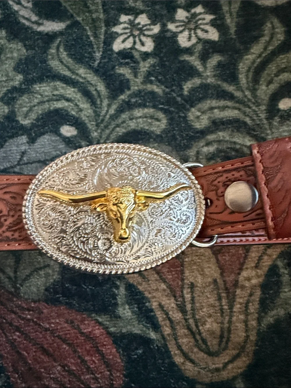 Brown Tooled Kids Belt with Silver Oval Buckle & Gold Longhorn